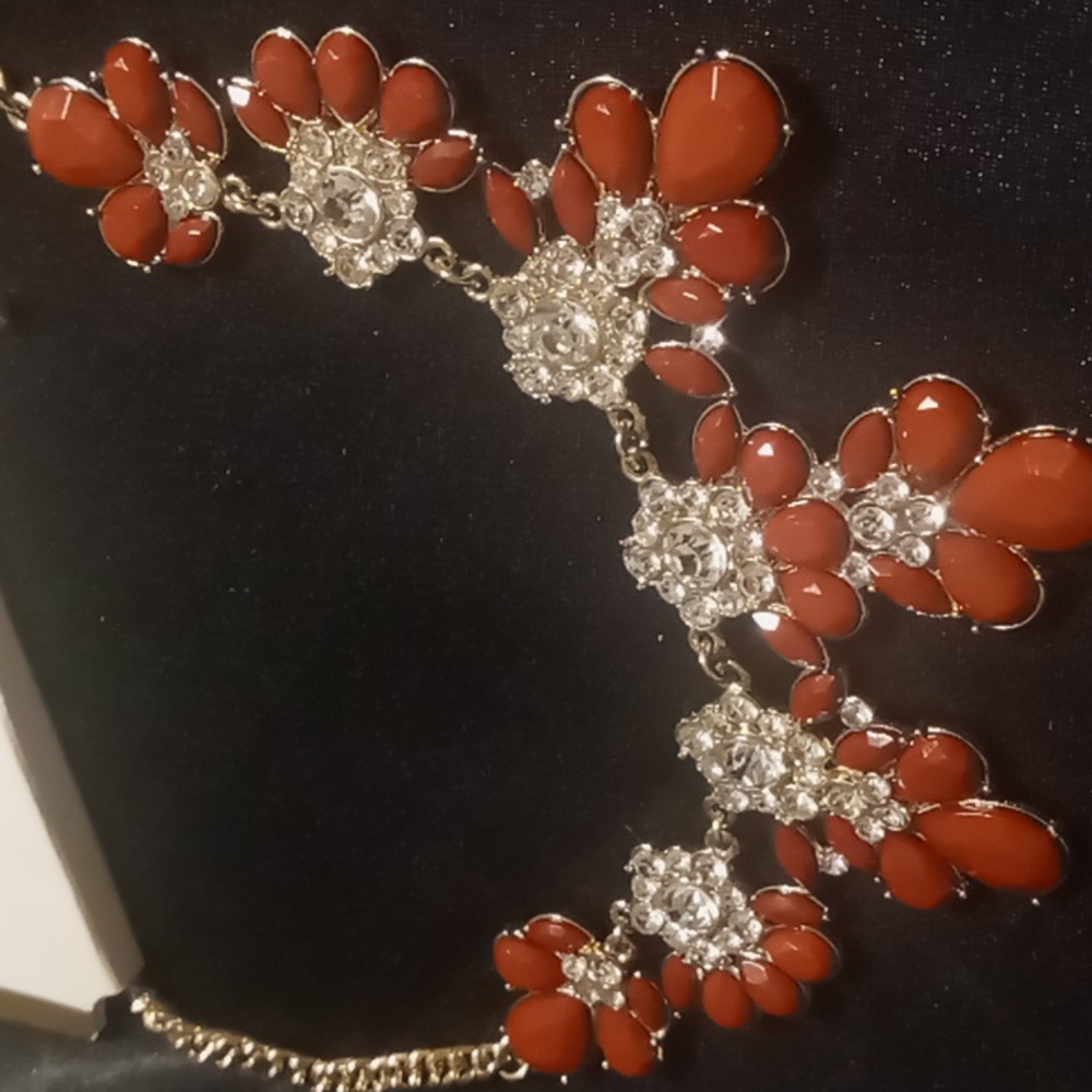 Statement bib necklace burnt red color jeweled on a curb chain 28+2 inches long